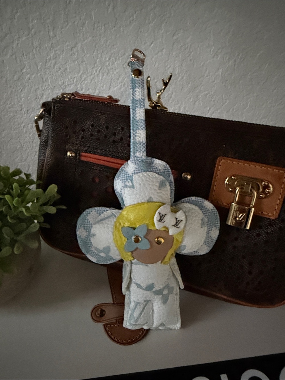 Recycled Louis Vuitton Blue and white Canvas flower Keychain Bag Charm.